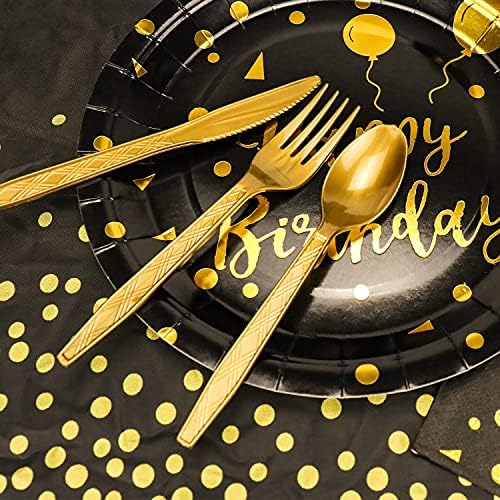 Disposable Party Dinnerware Set &Disposable Birthday Party Dinnerware Paper Plates Napkins Cups, Gold Plastic Forks Knives Spoons (Black/Gold) - Image 5