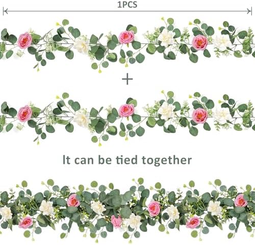 TOCHGREEN 4 Pack Artificial Eucalyptus Flower Garland with White Pink Roses - Image 4