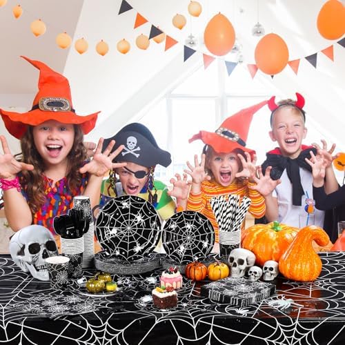 Funnymoom 452 Pcs Halloween Spiderweb Party Supplies Tableware for 50 Guests Include 7&9 Inch Black Spider Web Paper Plates Napkins Cups Tablecloth Cutlery Straws for Spiderweb Birthday Party Decor - Image 5