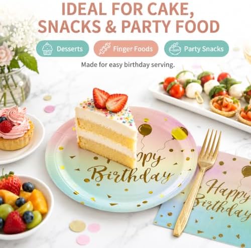 48PCS Happy Birthday Plates and Napkins Party Supplies, Colorful and Gold Disposable Paper Plates and Napkins with Forks Tableware Set for Birthday Party Decorations 16 Guests (Colorful) - Image 5