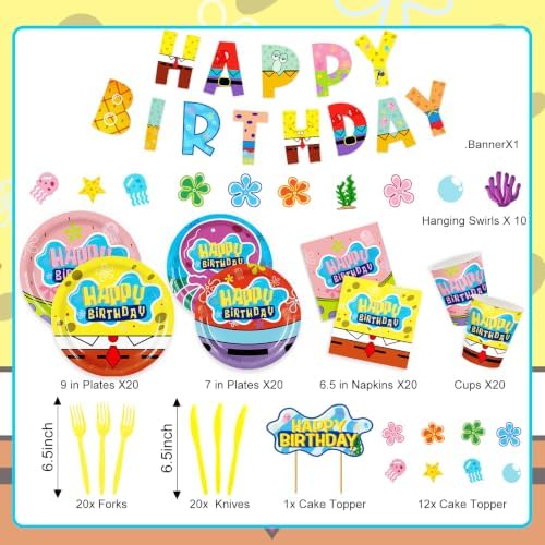 Yellow Cartoon Party Supplies Ocean Tableware Set for 20 Guests With Plates, Cups, Napkins, Banner, Tablecloth, Cake Toppers & Hanging Swirls for Kids Birthday Party Decorations - Image 2