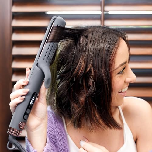 Hairitage Ceramic Tourmaline 2in1 Flat Iron Hair Straightener Curling Iron - 1 1/4 Inch - Airflow Styler + Heat Protectant Spray - Curved Edges - Curling + Straightening - 420 Degree Heat Protection - Image 2