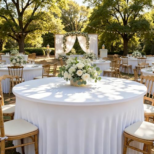 6 Pack White Spandex Table Skirts for 60 Inch Round Tables, Wedding Party - Image 2