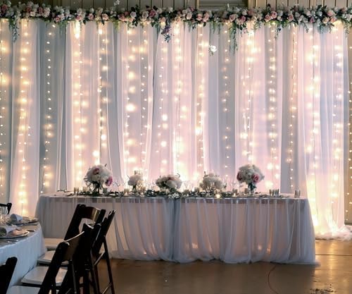 Suppromo White Tulle Backdrop Curtain with Lights String for Parites 20×8ft Sheer Curtains Wedding Baby Shower Birthday Party Photo Shoot Decorations(4 Panels 5ft×8ft) - Image 3