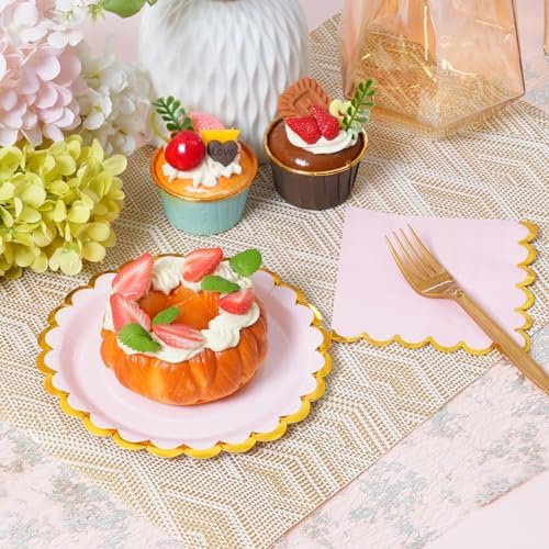 Pink & gold scalloped party plates with napkins and fork gold foil border, 24 Guest Pink disposable Tableware Set Party Decoration for Birthday Coquette Bridal Baby Shower Valentines - Image 2