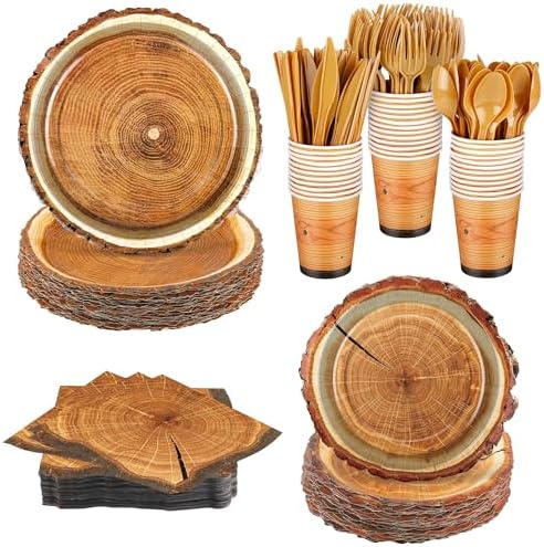 Kochorie 350 PCS Camping Wood Grain Slice Tableware Set Rustic Camping Plates Napkins Cups Cutlery Hunting Birthday Party Decorations Lumberjack Dinner Camping Party Decorations Serve 50 Guests by Kochorie