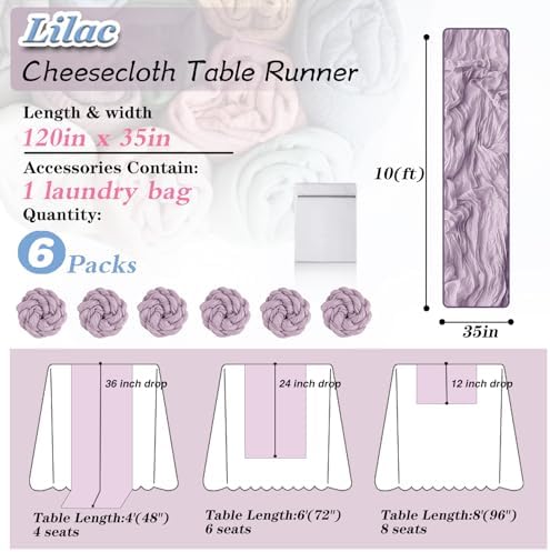 Lilac Cheesecloth Table Runner 6 Pack 35" Boho Gauze Runner 120 inches Long Runner Rustic Sheer Fabric Bulk for Baby Shower Wedding Bridal Birthday Party Picnic Table Decorations - Image 2
