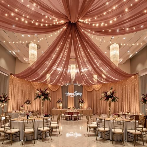 6 Panels Terracotta Ceiling Curtains with Lights for Weddings - 5ftx20ft Wrinkle-Free Tulle Fabric Wedding Arch Draping Ceiling Drapes Decorations for Wedding Party Ceremony Stage Tent Event - Image 6