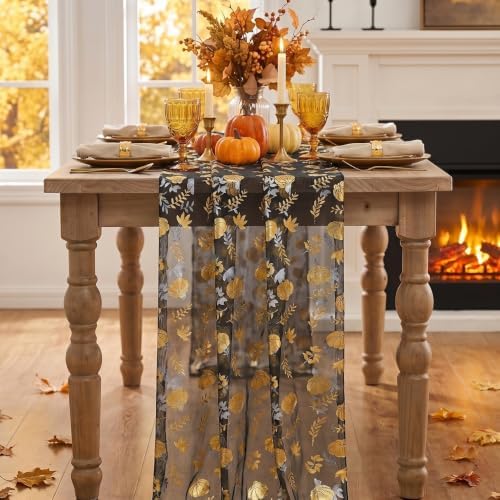 Artoid Mode Fall Gauze Table Runner 120 Inch, Metallic Foil Leaves - Image 2