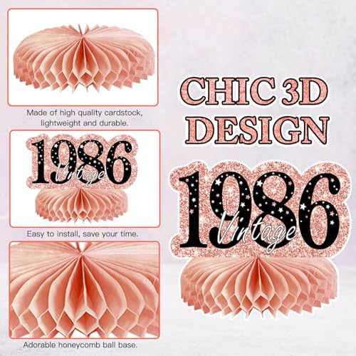 9Pcs 40th Birthday Decorations Honeycomb Centerpieces for Women, Rose Gold Pink Happy 40th Birthday Centerpieces Tables Toppers Party Decorations Supplies, Vintage 1986 Aged Table Sign Decor - Image 3