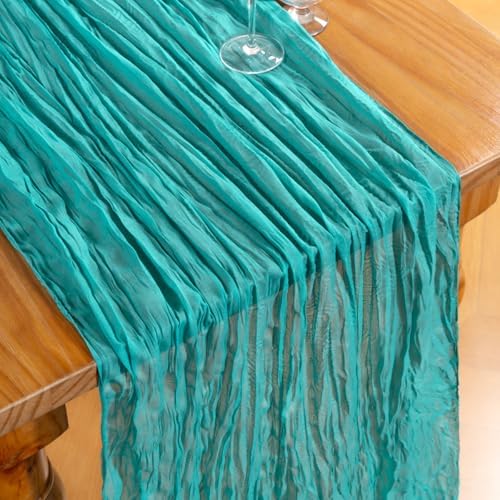 DeZerlor Teal Green Cheesecloth Table Runners 4 Pack Summer Boho Runners - Image 2