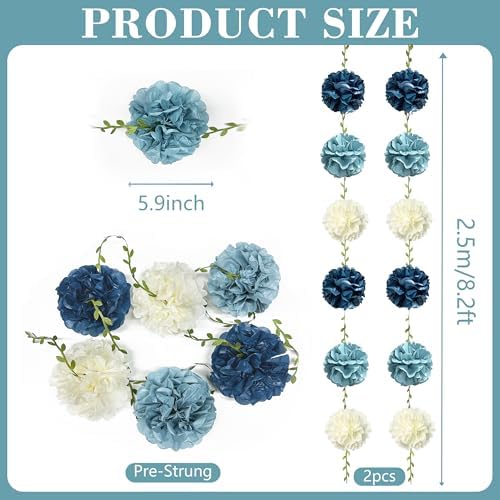 Dusty Blue Party Decorations Dusty Navy Blue Beige Tissue Paper Flowers Pom Pom with Leaf Ribbon Hanging Garland Streamer for Birthday Wedding Graduation Retirement Nautical Party Supplies - Image 2