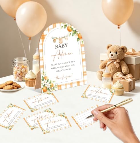 A Little Cutie Baby Shower Games, Orange Advice For Parents To Be, 6x8 Inch Arch Wooden Sign With Stand And 50 Advice Cards, Gender Reveal Party Supplies & Decorations -LN09 - Image 3