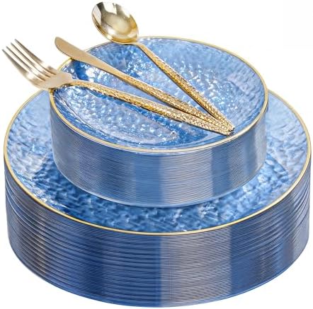 I00000 150 Pcs Clear Blue Plastic Plates, Disposable Hammered Party Plates by I00000
