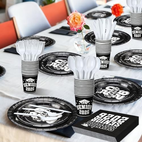 Yungyan 252 Pcs Senior 2026 Graduation Party Tableware Set Black and White Class of 2026 Grad Paper Plates Napkins Cups Forks Knives Cutlery for Graduate Party Decorations Supplies,Serve 36 - Image 6