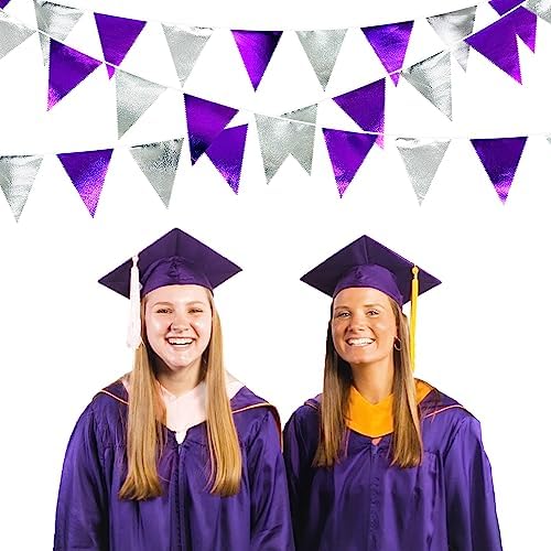 Purple and Silver Party Decorations Triangle Pennant Banner Flag Metallic Fabric Bunting Garland for Birthday Graduation Retirement Bachelorette Wedding Bridal Shower Engagement Disco Party Supplies - Image 4
