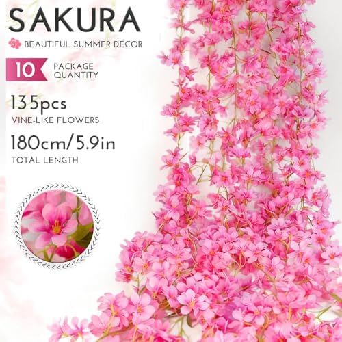 YRIOWMI 10PCS 59FT Artificial Silk Cherry Blossom Garland, Hanging Sakura Flower Vines for Wedding Party Home Arch Office Sakura Decor (Deep Pink) - Image 2