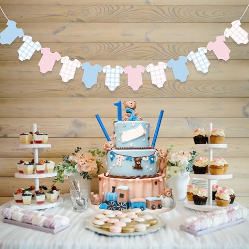 Pre-Strung Boy Bodysuit Decoration Banner, Baby Shower Sign,Blue Jean Baby Shower Decor Bunting Girl Blue & Pink - Image 7