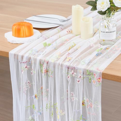 BINBE 3pcs Ivory Florals Table Runner Embroidery Gauze 10FT Daisy Seasonal Tulle Birthday Wedding Holiday Kitchen Dining Table Decor for Home Party by BINBE