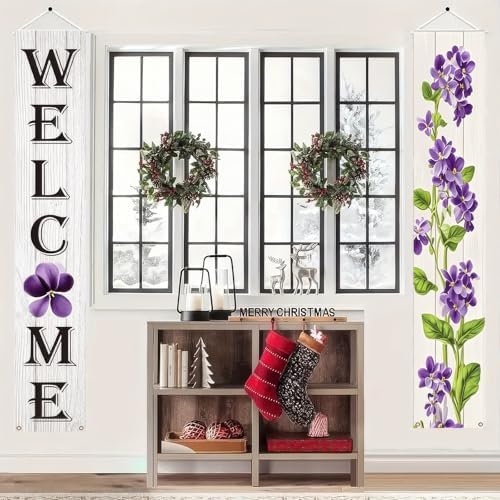 BlissYard Spring Summer Banner 70x12 Inch Vertical Spring Summer Door Banners Door Decorations Hanging Purple Floral Welcome Porch Signs Outdoor Summer Decorations for Seasonal Outdoor Decoration - Image 4