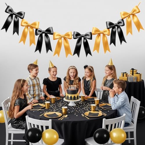 2 Strings of 16PCS Black&Gold Bow Garlands Banner Decoration,Pre-Strung Satin Ribbon Ornaments for Birthday,Bachelorette Party,Bridal Shower,Wedding,Engagement,Baby Shower,Graduation Decor,Anniversary - Image 5