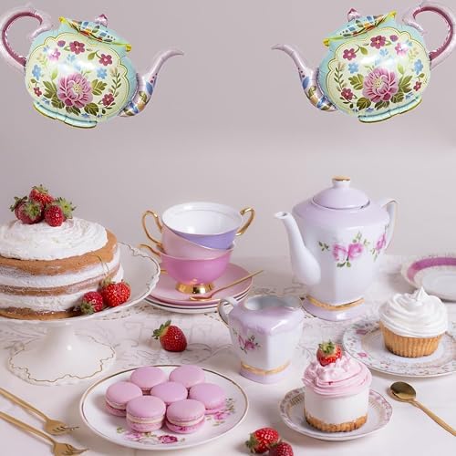 Tea Party Decorations For Women,Pastel Balloons,Tea Party Backdrop,Banner,Teapot Mylar Foil Balloon,Table Cloth,Paper pom poms Party Supplies for Girls - Image 7