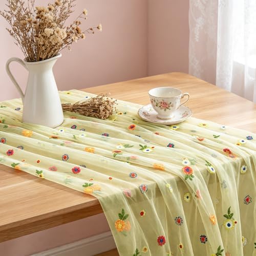 BINBE 1pcs Daisy Spring Table Runner Embroidery Gauze 10FT Florals Seasonal Tulle Holiday Birthday Kitchen Dining Table Decor for Home Party Green - Image 4