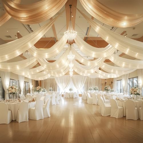 Ivory Ceiling Drapes with Lights String for Weddings, 6 Panels 5ftx20ft Sheer Tulle Backdrop Photo Background Drapes for Wedding Ceremony Birthday Party Arch Decoration - Image 5