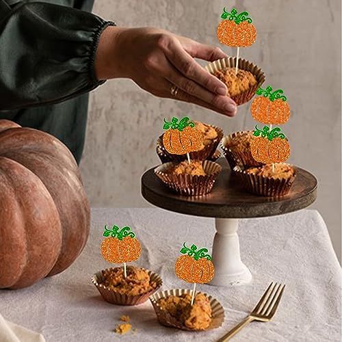 24Pcs Pumpkin Cupcake Toppers Glitter Fall Theme Cupcake Picks Pumpkin Themed Baby Shower Birthday Thanksgiving Halloween Party Cake Decorations Supplies Orange - Image 6