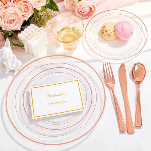 bUCLA 150PCS Clear Rose Gold Disposable Dinnerware set - Rose Gold Plastic Plates Include 25 Dinner / 25 Dessert Plates, 25 Knives, 25 Forks, 25 Spoons, 25 Cups for Party & Wedding - Image 6