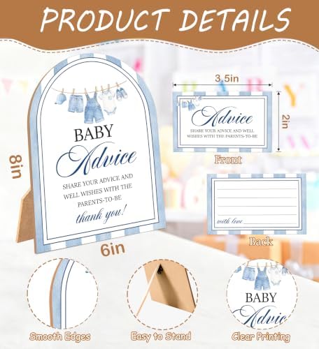Blue Jean Baby Shower Games, Denim Western Advice For Parents To Be, 6x8 Inch Arch Wooden Sign With Stand And 50 Advice Cards, Gender Reveal Party Supplies & Decorations -LN06 - Image 2