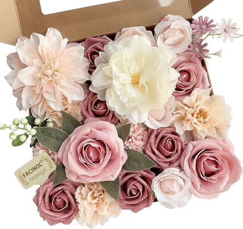 FACINOC Roses Artificial Flowers Pink Bouquets Box Set for DIY Bridal Wedding Shower Decorations Fake Floral Arrangements for Party Table Centerpieces Home Decor Indoor Outdoor Dusty Blush 19pcs by FACINOC