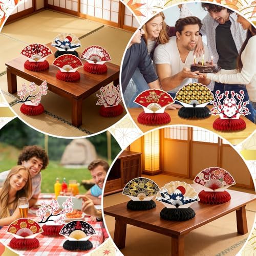 Pickmesh 12 Pieces Hibachi Birthday Party Decorations Honeycomb Centerpieces Japanese Paper Fans Table Decorations Cherry Blossom Table Topper for Japanese Party Supplies - Image 6