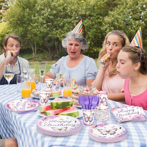 Kochorie 144 Pieces Butterfly Birthday Party Supplies Including Disposable Paper Plates Napkins Cups Forks Serves 24 for Baby Shower Girls Animal Butterfly-themed Party Decorations - Image 6