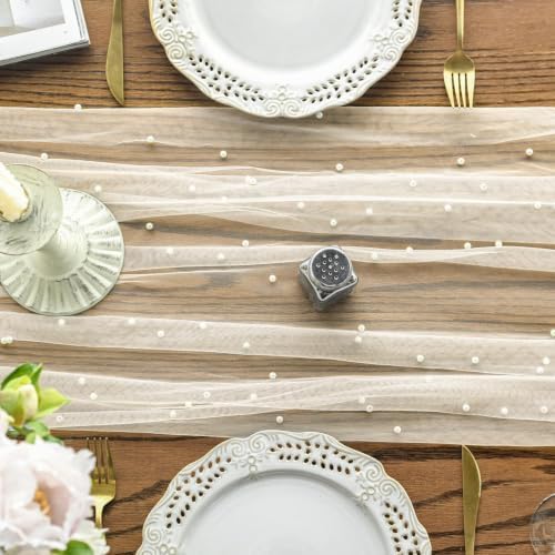Artoid Mode Pearl Beige Gauze Table Runner 59x120 Inch , Seasonal Sheer Kitchen Dining Holiday Wedding Birthday Baby Shower Table Decor for Home Party - Image 5