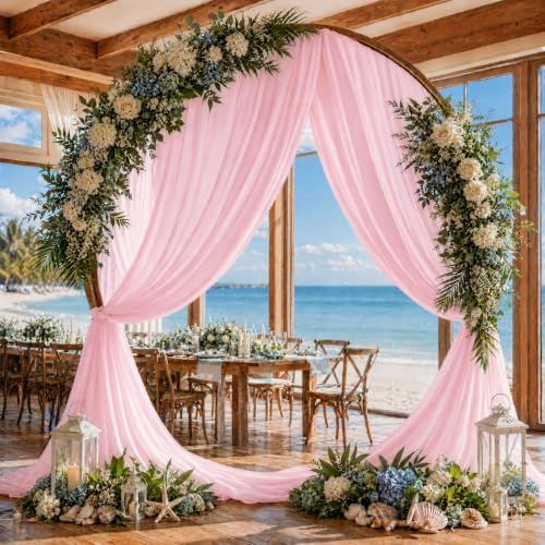Baby Pink Wedding Arch Draping Fabric Sheer Curtain Drapes 4 Panels | 20 ft Extra Long Shimmery Backdrop Curtains for Wedding Anniversary Party Summer Outdoor Events Drapery Photo Backgrounds - Image 4
