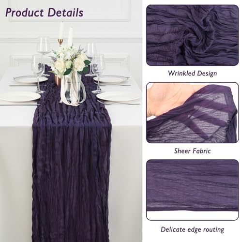 3 Pack Dark Purple Cheesecloth Table Runner 120 Inch Boho Wedding Decor - Image 3