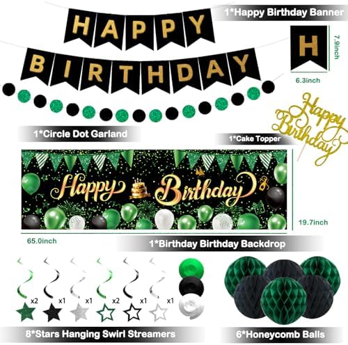 Green Black Birthday Decorations, Happy Birthday Banner, Backdrop, Balloons, Honeycomb Balls, Star Foil Balloons, Stars Hanging Swirls & Cake Topper for Baby Boys Girl Men Women Birthday Decoration - Image 2
