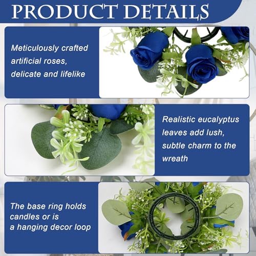 6 Sets Artificial Roses Candle Rings with LED Candles, Royal Blue - Image 4
