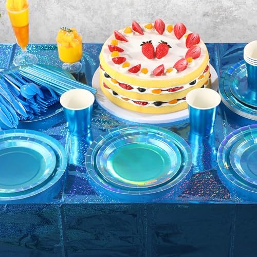 Iridescent Blue Party Supplies Decorations Serve 25, Holographic Blue Paper Plates and Napkins, Disposable Iridescent Party Plates Cups Napkins for Wedding Anniversary Birthday Bridal Shower Party - Image 5