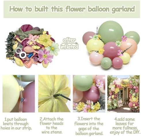 Pastel Pink Yellow Green Balloon Arch with Artificial Flower Double Stuffed Dusty Green Pink Peach Mauve Balloon Garland Kit for Tea Party Wildflower Spring Birthday Baby Shower Fairy Party Decor - Image 4