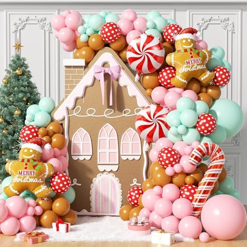 153Pcs Christmas Balloon Arch Garland Kit Xmas Pastel Pink Green Brown Latex Balloons Gingerbread Man Candy Cane Foil Balloons Arch Kit for Christmas New Year Party Birthday Party Decorations by PTGOLUO