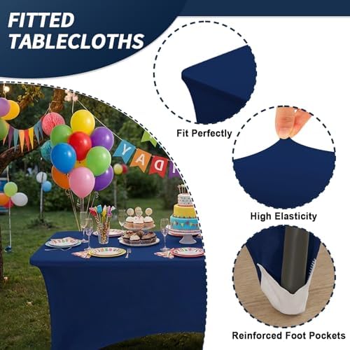Fixwal 3 Pack 6FT Navy Blue Tablecloth Rectangle Spandex Table Cover - Image 4