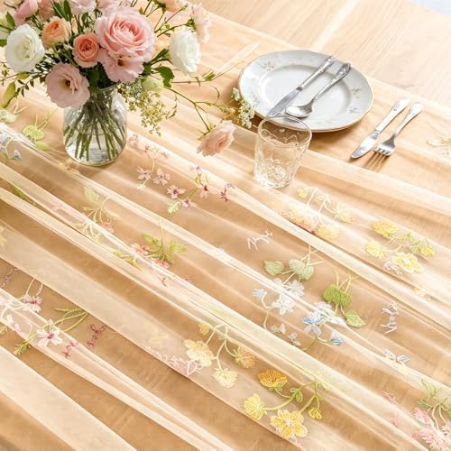 BINBE 3pcs Champagne Florals Table Runner Embroidery Gauze 10FT Daisy Seasonal Tulle Birthday Wedding Holiday Kitchen Dining Table Decor for Home Party - Image 5