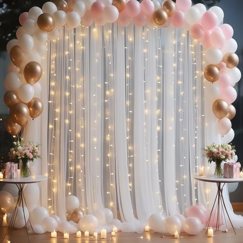 10x8ft White Tulle Backdrop Curtain with Lights String for Parites, Sheer Photo Backdrop Curtains with Lights for Wedding Backdrop Ceremony Reception Bridal Shower Baby Shower Birthday Party by PartyTalk