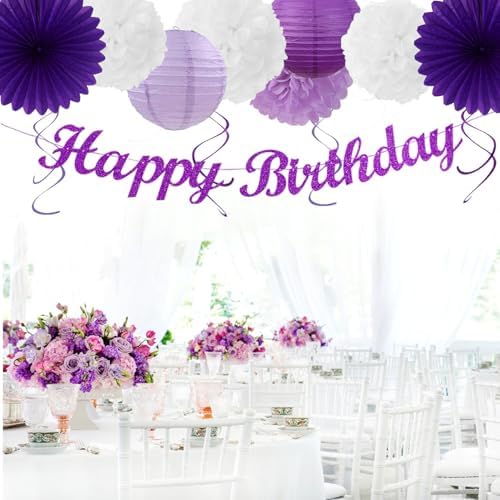 Purple-Lilac Lavender-White Happy Birthday Party-Decorations - 31pcs 20th Women Girls Paper Lanterns Streamers Banner,Tissue Pom Poms Decor,Flower Fans Tassels Graland Backdrop Supplies Hugmoon - Image 7