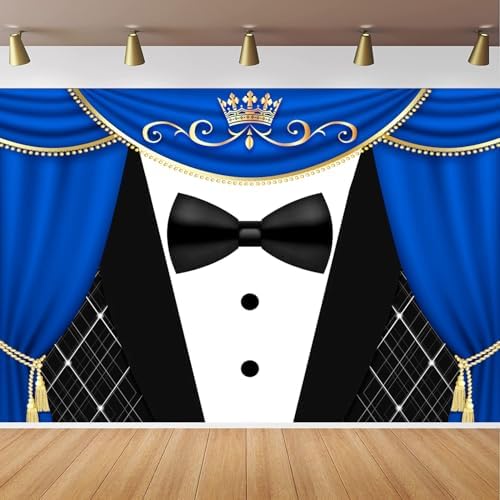 Tuxedo Backdrop 12x8FT Blue Curtain Crown Gentleman Birthday Party Background for Photography, Father or Boss Birthday Party Decorations Banner by CapiSco