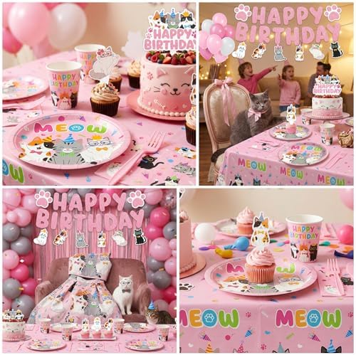 206pcs Pink Cat Birthday Decorations Plates Tableware Serves 24, Cat Party SuppliesPlates Napkins Cups Set Banner Balloons Tableware Cake Topper for Cat Girl Party Supplies - Image 7
