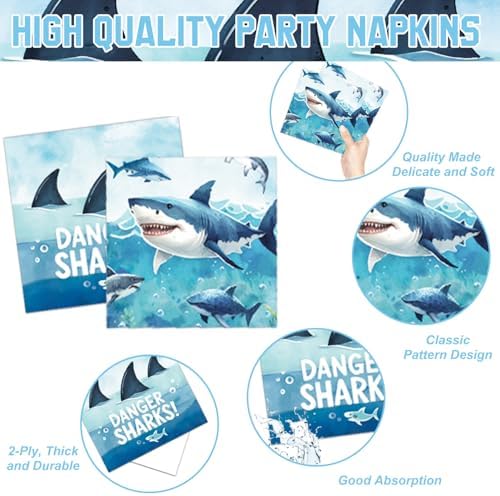 LINHAXM 157 PCS Shark Birthday Party Decorations Includes Plates, Napkins, Cups, Cutlery, Cake Toppers, Banner, Hanging Swirls, Tablecloth, Balloon for Under The Sea Party Decorations - Image 4
