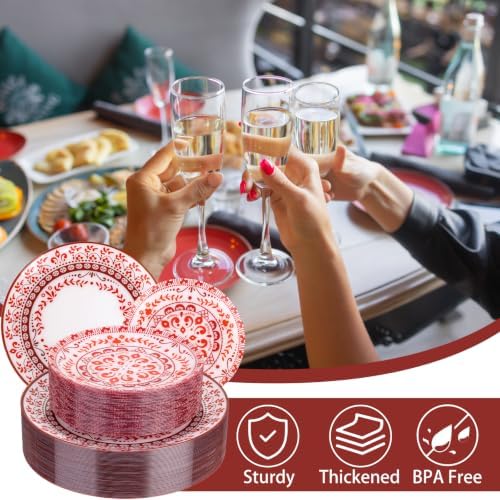 Hioasis Red Plastic Plates, Floral Disposable Plates, 60 Pcs for 30 Guests - Image 6